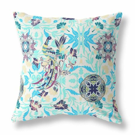 PALACEDESIGNS 18 in. Peacock Indoor & Outdoor Zip Throw Pillow White & Blue PA3102739